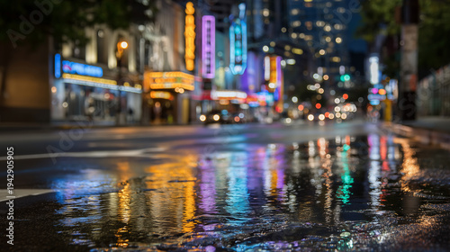A night city street illuminated by neon signs and reflections on wet pavement
