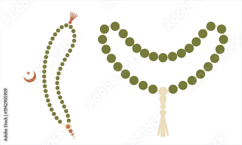 Islamic prayer beads vector set with green misbaha and crescent moon star for Ramadan and religious web layout
