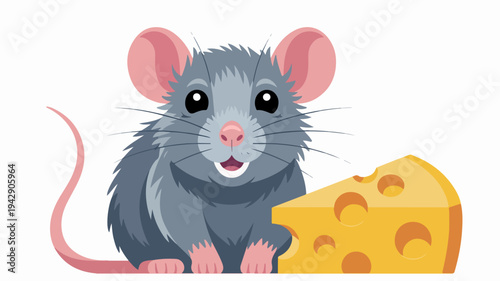 Cartoon gray mouse with large ears holding a piece of cheese illustration with vibrant colors and detailed textures on a white background