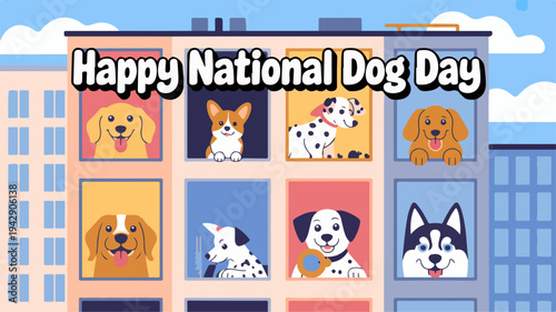 Happy national dog day illustration with dogs in windows of a building