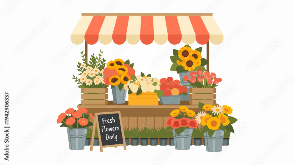 Obraz premium Vibrant flower stand with colorful blooms and striped awning on white background perfect for fresh flower day