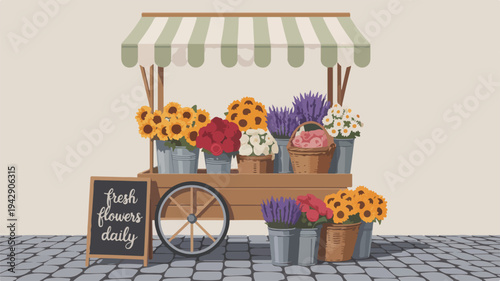 Vibrant flower cart with fresh blooms and chalkboard sign on cobblestone street under striped awning