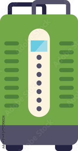 Flat design illustration of a green portable oxygen concentrator used for respiratory therapy