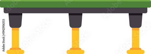 Simple flat design illustration of a three legged bench with a green seat and yellow supports