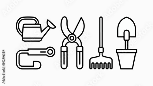 Gardening tools illustration set including watering can pruning shears rake and shovel in simple line art style on white background