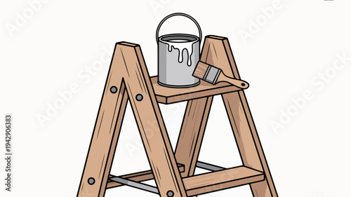 Wooden step ladder with paint can and brush on shelf against white background renovation and diy home improvement concept