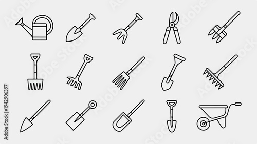 Collection of simple black and white gardening tool icons including shovels rakes trowels and watering cans on a white background