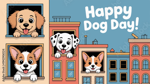 Happy dog day cartoon dogs peek out of colorful city building windows on a sunny day