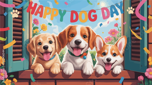 Three happy dogs celebrating dog day together on a colorful window sill surrounded by confetti and flowers