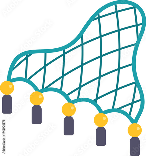 Decorative fishing net illustration showing blue mesh with yellow floats and black weights