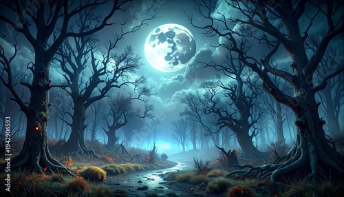dark night forest full moon  
