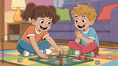 Two smiling children playing a colorful board game together on a vibrant rug in a cozy living room with a lamp and purple couch