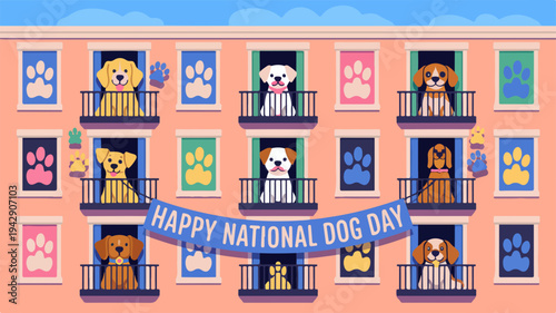Happy national dog day celebration with dogs on balconies of colorful building