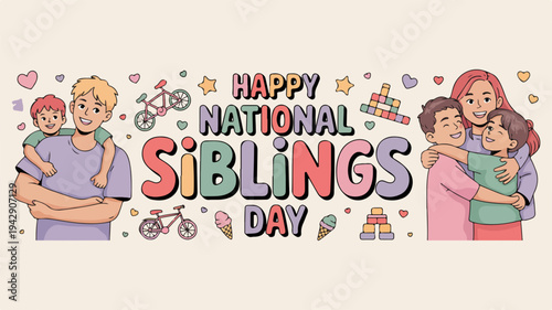 Happy national siblings day colorful illustration with diverse families and children celebrating together