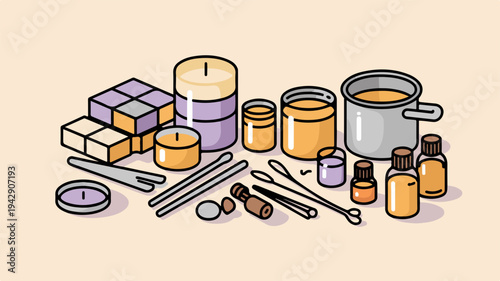 Aromatic candles essential oils and wax bars for relaxation and home fragrance on a table