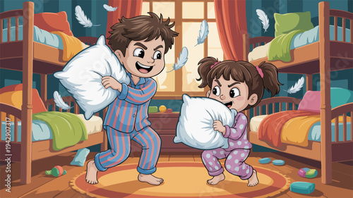 Two children in pajamas having a playful pillow fight in a colorful bedroom with bunk beds