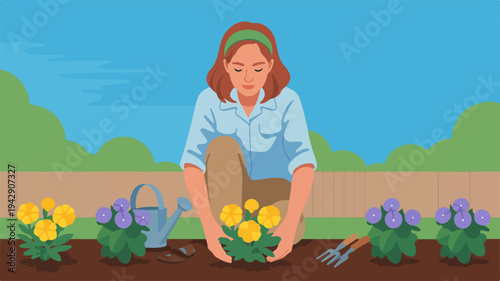 Woman gardening flowers in a serene outdoor setting with a fence and trees