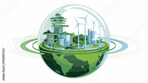 Sustainable cityscape within a transparent globe showcasing green buildings wind turbines and eco friendly infrastructure on a vibrant green planet