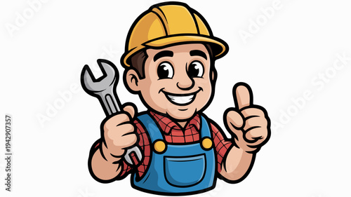 Cartoon repairman in yellow hard hat and blue overalls holding wrench and giving thumbs up isolated on white background indicating approval and quality work