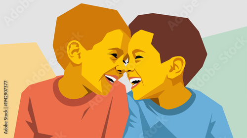 Two young boys sharing a secret or whispering to each other with happy facial expressions