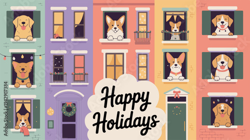 Corgis and cats in colorful holiday windows with happy holidays greeting on a festive background