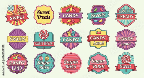 Collection of vintage candy labels and badges with sweet treats.