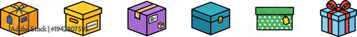 Vector icon set of colorful delivery boxes and gift packages.