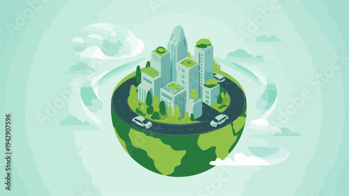 Sustainable cityscape on a green globe with modern buildings and lush vegetation eco friendly urban landscape global environmental conservation concept
