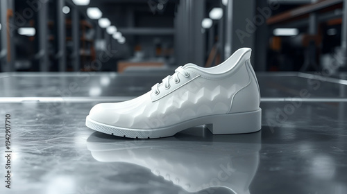 3D printed white shoe on a metallic surface,  industrial setting