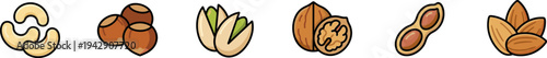 Collection of various nut and seed vector icons for food design.