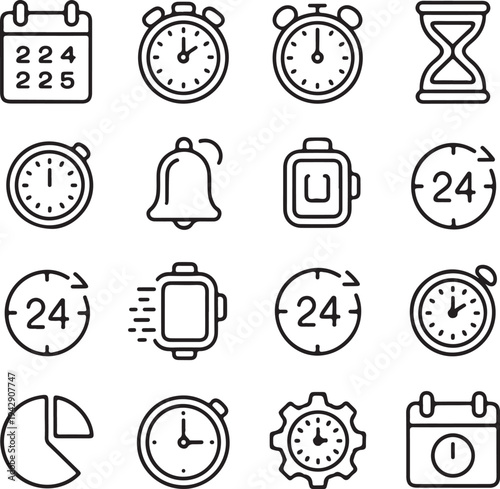 Set hourglass icons, sandglass timer, clock flat icon, time management.