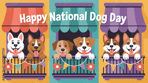 Colorful illustration of dogs in windows with awnings celebrating happy national dog day with festive decorations and joyful atmosphere