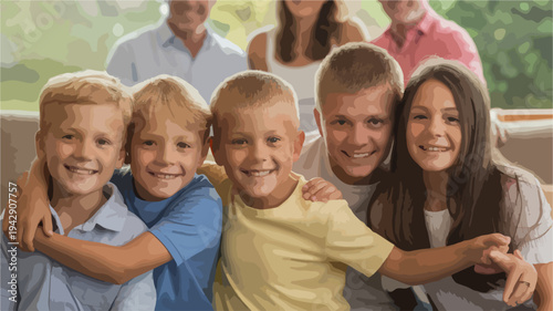 Happy family of five children and two adults embracing and smiling together indoors with natural light