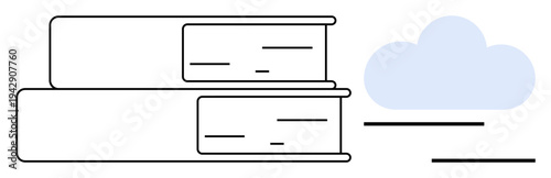 Two stacked books beside a blue cloud outline, blending knowledge and technology. Ideal for education, digital learning, cloud storage, library, e-learning, innovation reading concepts. Simple flat