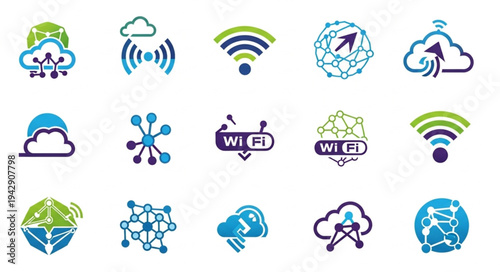 Collection of technology and network icons with clouds and wifi symbols.