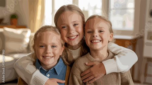 Happy young mother embracing her two smiling children in a cozy living room with soft natural lighting and comfortable furniture