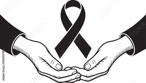 Awareness ribbon illustration — black and white line art of ribbon above open hands symbolizing support, remembrance, and compassion