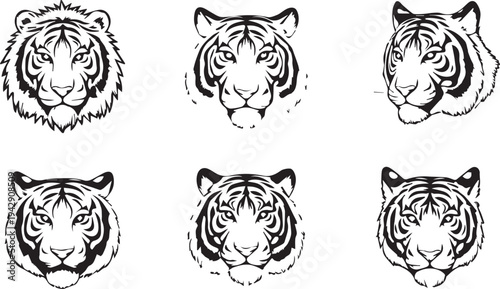 Tiger face illustration set — black and white line art grid of six stylized tiger heads with unique stripe patterns and expressions
