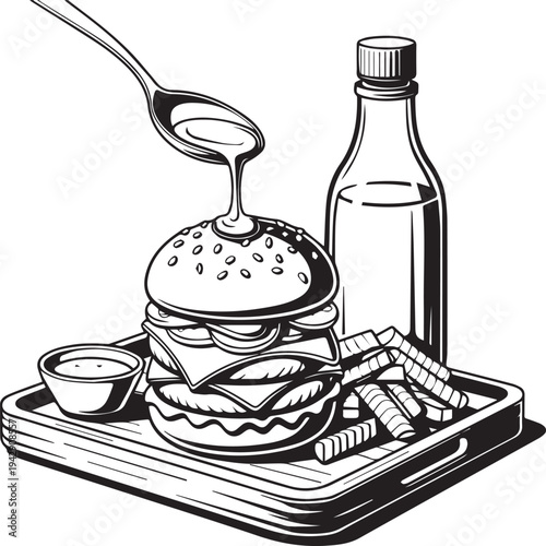 Fast food tray illustration — black and white line art of hamburger, crinkle fries, dipping cup, spoon, and bottle for restaurant theme