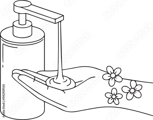 Skincare hygiene illustration — black and white line art of hand with floral design receiving liquid soap or lotion from pump dispenser