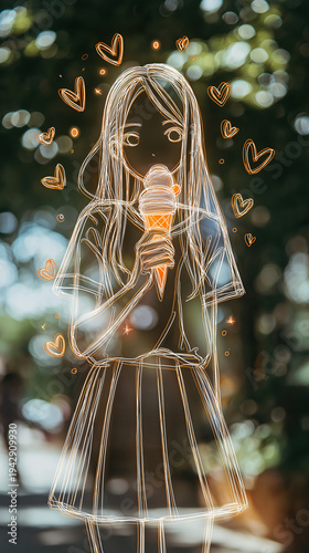 AI generator images of Digital Line Art: A white line art illustration in neon style depicting a girl holding an ice cream cone, surrounded by orange neon hearts.