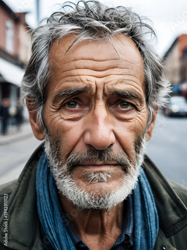 Street Survival: Portrait of a Weathered Man Expressing Emotions of Poverty and Endurance