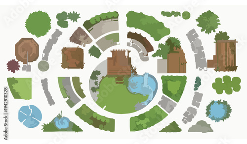Landscape architecture planning elements vector collection with trees plants paths ponds and garden layout symbols