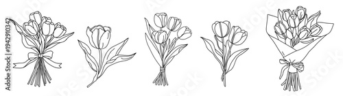 Hand drawn tulip bouquets and single tulip flower in clean black line art. April birth month flower botanical set isolated on white, perfect for spring designs, greeting cards, invitations, and crafts