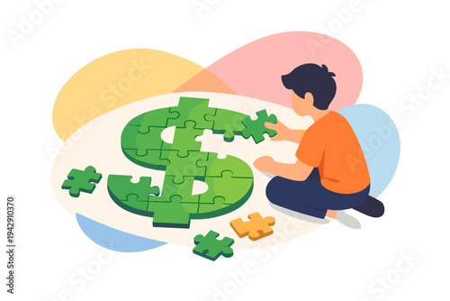 Boy assembling a dollar sign puzzle representing financial planning.