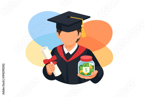 Graduate holding diploma and money jar symbolizing education investment.