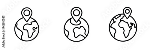 Global location and earth globe outline icon set with world map pin, international travel navigation, regional destination pointer more vector illustration or editable stroke.