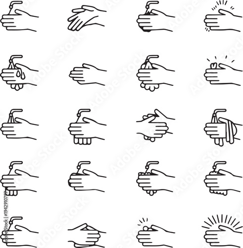 Handwashing step‑by‑step illustration — black and white 20‑panel guide showing soap use, scrubbing, rinsing, drying, and clean hands