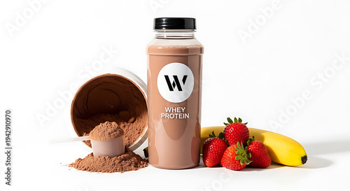 Chocolate protein shake with ingredients including strawberries and banana on transparent background