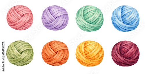 A charming watercolor collection of colorful yarn balls featuring soft knitting wool illustrated in a cozy crafting style.
